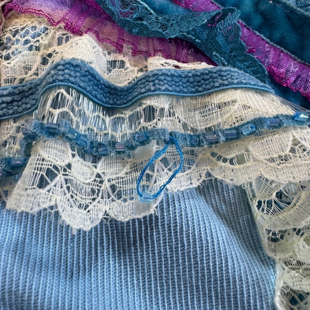 Handmade Boho Corset Halter Top Blue Corduroy Lace Floral Embellished Whimsigoth - Picture 2 of 8